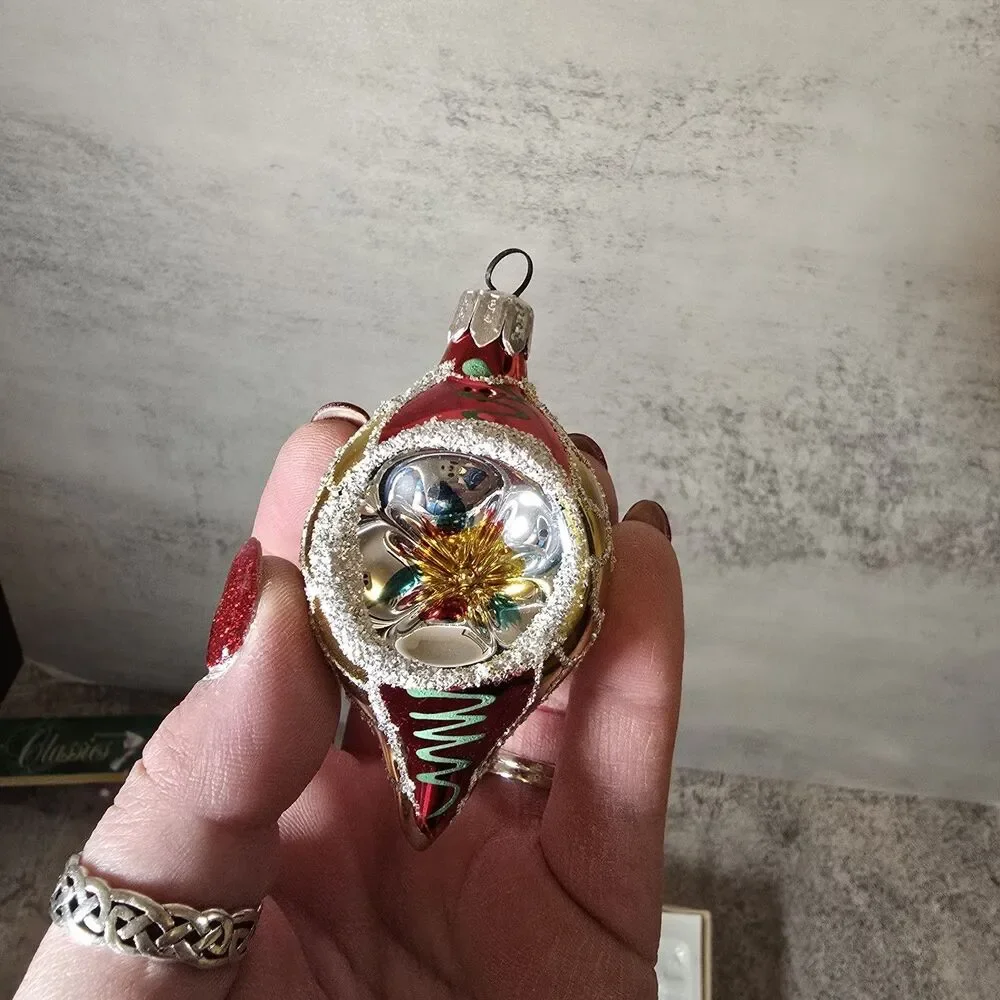 Vintage Glitter Mercury Glass Christmas Ornaments Europe Teardrop Tree Set Of 7